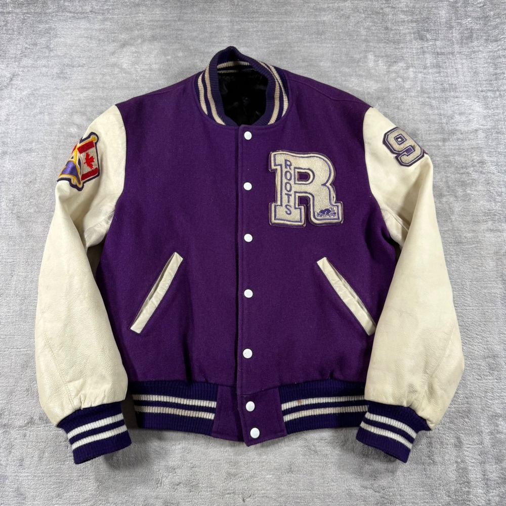 Roots Jacket Mens Large Purple Vintage 90s Leather Wool Varsity Canada Letterman